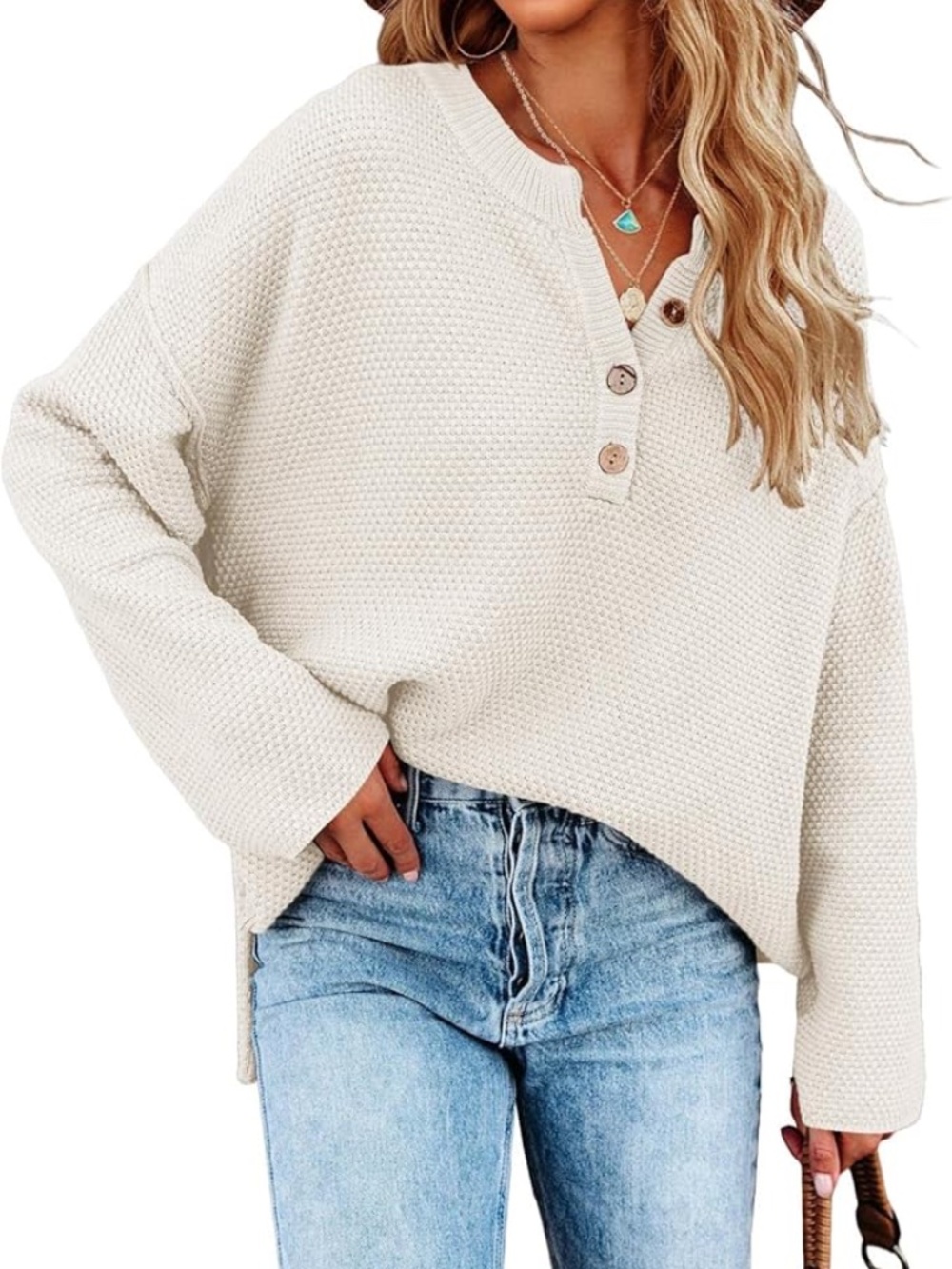 Women's Oversized Sweater, Henley Batwing Long Sleeve Loose V Neck Button